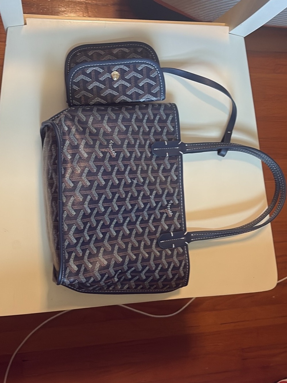 Women's Navy Patterned Tote Bag with Coin Pouch